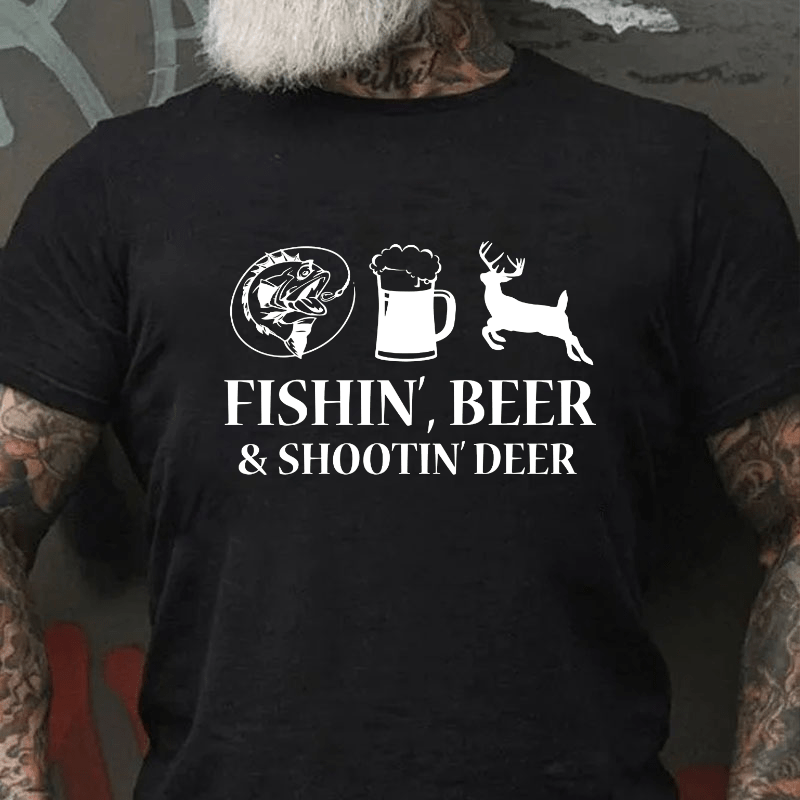 Fishin', Beer & Shootin' Deer Funny Print Cotton T-shirt