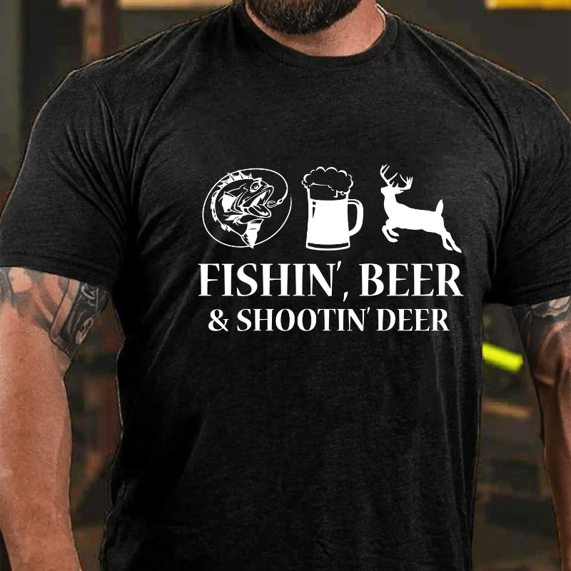 Fishin', Beer & Shootin' Deer Funny Print Cotton T-shirt